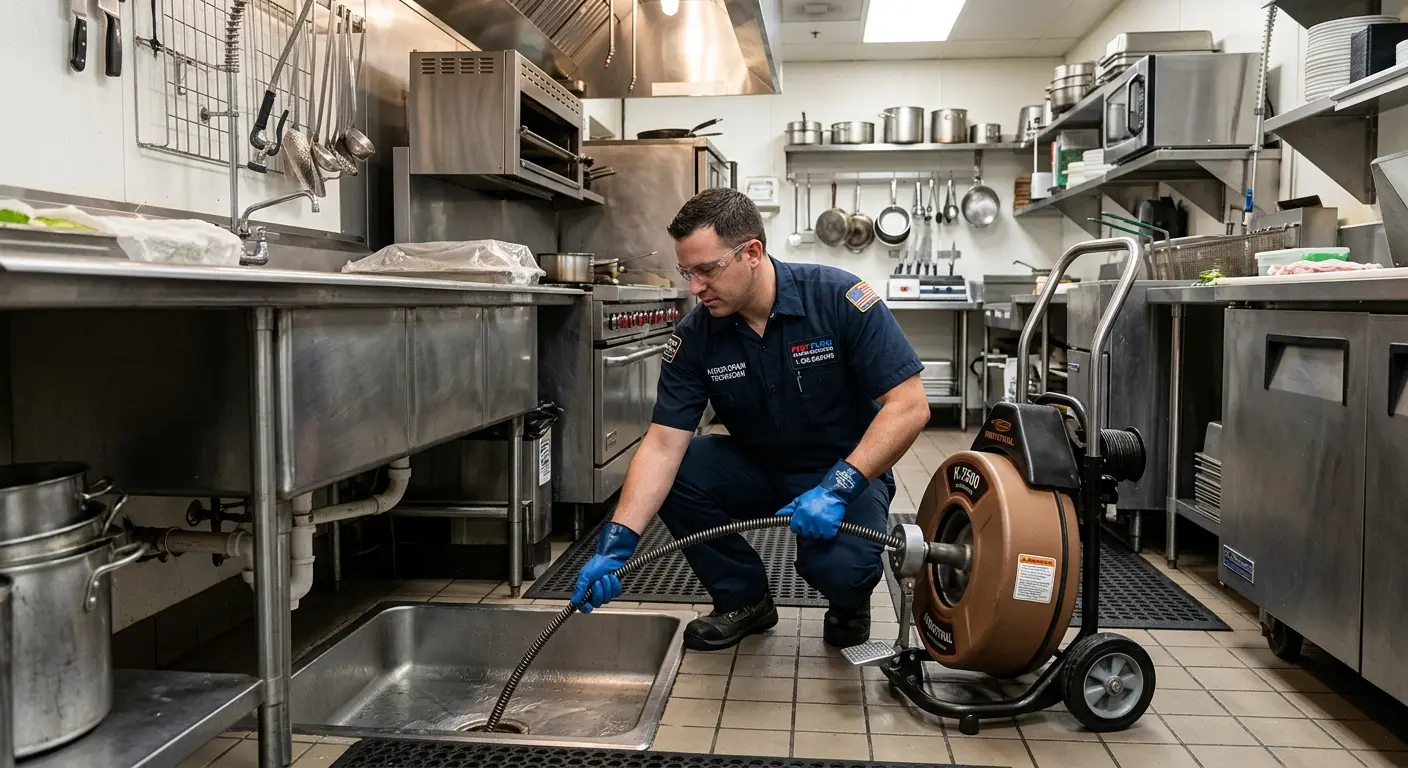 Commercial drain cleaning service in a restaurant kitchen in Farmingdale
