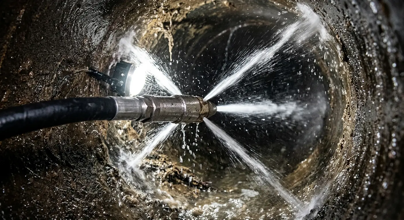 High-pressure hydro jetting nozzle cleaning sewer pipe for Trenchless Sewer Repair in Farmingdale