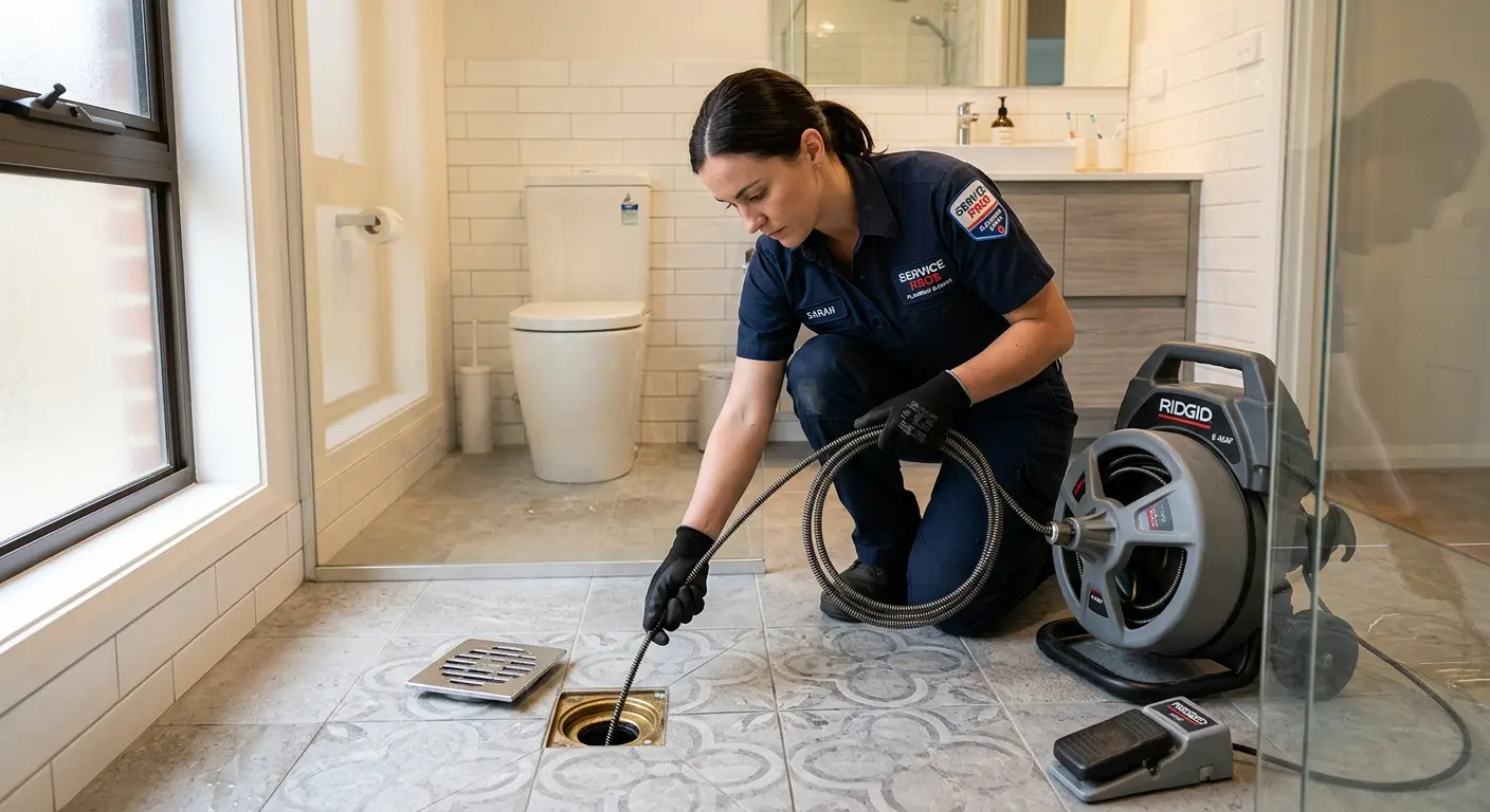 Technician clearing a bathroom floor drain for Clogged Drain Repair in Farmingdale
